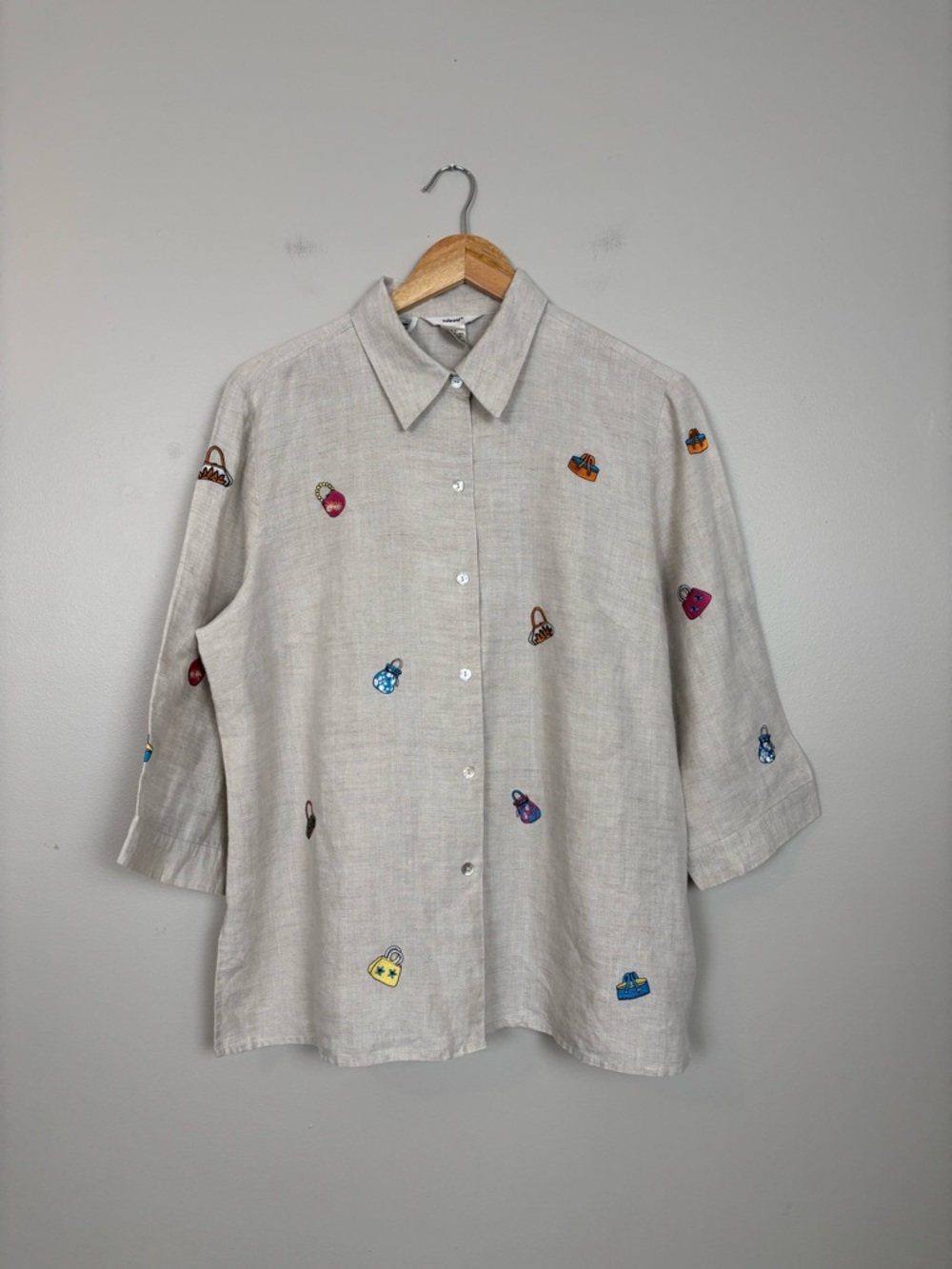Edward Top Womens XL Irish Linen Embroidered Handbags Button Front Beige Shirt